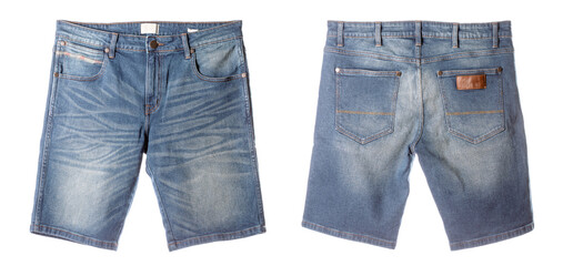 Front and back side of new men blue denim shorts isolated on white