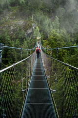 A suspension bridge connects two points of the mountain