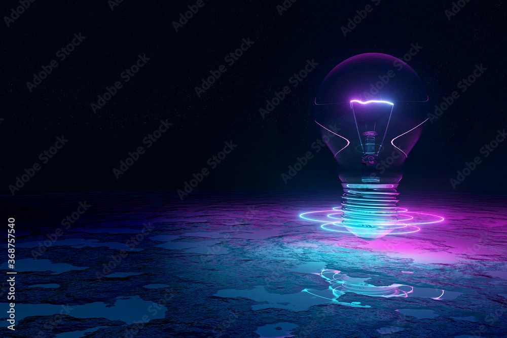 Aufkleber lightbulb illuminating reflecting floor with blue and pink neon light 3d rendering