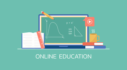 e-learning and online education concept, distance mathematics learning on laptop, vector flat illustration