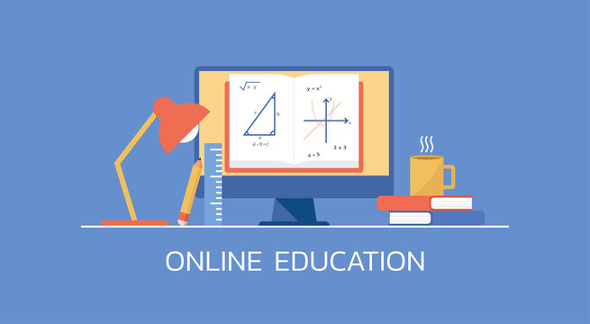 e-learning and online education concept, distance mathematics learning on computer, vector flat illustration