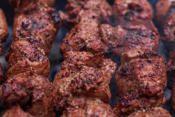Delicious shish kebab is prepared on the grill