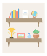 Front view of wooden shelves on the wall with books, globe, diploma, cup, picture and flower. Decor of office or home. 