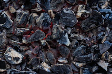 Black hot coal, close-up. Black charcoal background