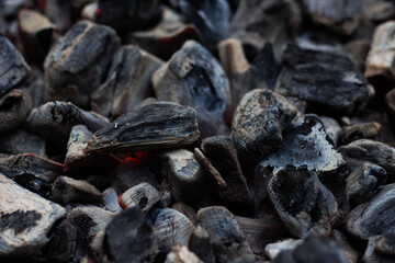 Black hot coal, close-up. Black charcoal background