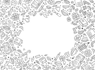Back to school. Doodle pattern. Knowledge concept. Vector. Paper border frame. Hand drawn artwork. Black and white. Print, banner, wallpaper, template, poster