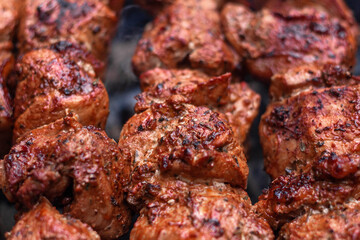 Meat on skewers is cooked on hot coals
