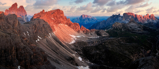Sunrise panorama of dolomites feat. Tre cime di lavadero,  paterno and Croda Rossa d’Ampezzo with...