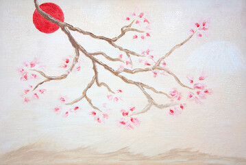 Blooming sakura twig with red sun and white mountain