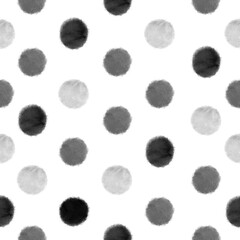 Watercolor hand drawn polka dot seamless pattern Black, gray and light gray stains of paint on white background