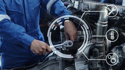 Mechanic auto mechanic in uniform repairing.car in auto machine tools ready to be used with car...