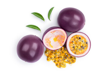 passion fruits and half isolated on white background. maracuya with clipping path. Top view. Flat lay