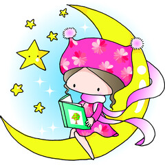 vector cartoon girl reading on the moon