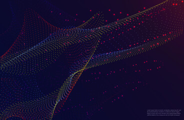 Vector abstract particles on a dark background with a wave. Music background equalizer concept. Big Data Stream Visualization