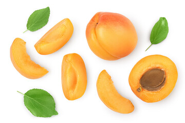 apricot fruit with half and slices isolated on white background. Clipping path. Top view. Flat lay