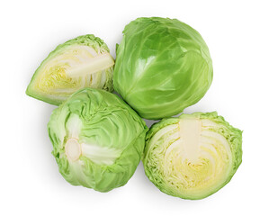 Fototapeta premium Green cabbage with half isolated on white background with clipping path and full depth of field. Top view. Flat lay