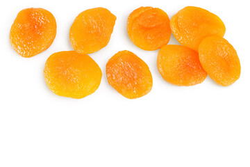 Dried apricots isolated on white background with clipping path and full depth of field. Top view with copy space for your text. Flat lay