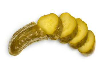 Marinated pickled cucumber isolated on white background with clipping path and full depth of field. Top view. Flat lay