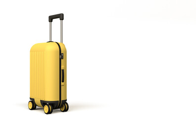 Yellow luggage on white background, 3d render illustration. Summer vacation concept, cute baggage with handle, luggage travel background with space for text. Tourism holiday trip suitcase.