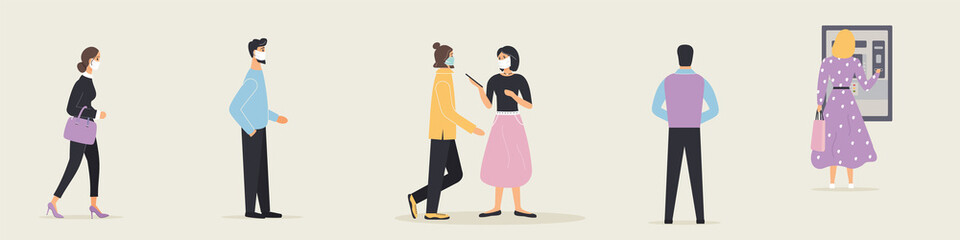 Queue of clients to receive cash at teller machine in bank during epidemic of virus.Customers in protective medical masks who waiting in line at safe distance for access to an ATM.Vector illustration
