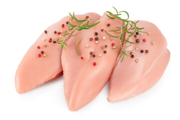 Fresh chicken fillet with rosemary isolated on white background with clipping path and full depth of field. - obrazy, fototapety, plakaty