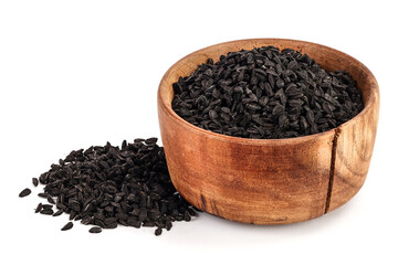 Nigella sativa or Black cumin in wooden bowl isolated on white background