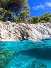 Underwater split line photo of beautiful caves with deep turquoise sea and Pine trees of Kastani beach well known for Mamma Mia movie filming, Skopelos island, Sporades, Greece