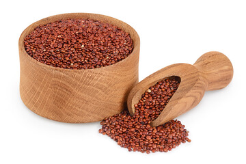 red quinoa seeds in wooden bowl and scoop isolated on white background with clipping path and full depth of field