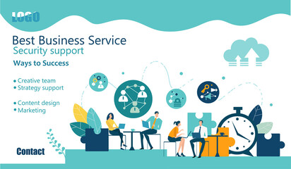 Modern flat design concept website or app page. Financial services, banking, strategic planning, development, business solutions, consulting, market research, teamwork, data analyse, support, security