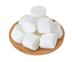 Marshmallow in wooden bowl isolated on white background with clipping path and full depth of field