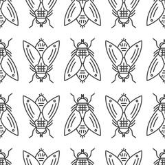 Housefly seamless pattern in linear style on white background