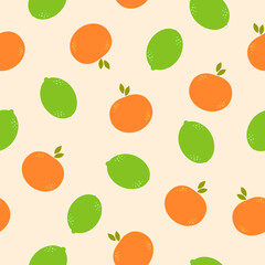 Flat cute limes and oranges on light background. Seamless citrus summer food pattern. Suitable for packaging, menu design.