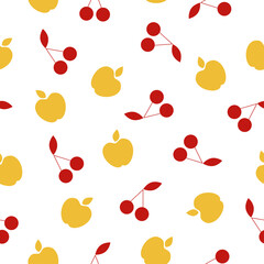 Flat red cherry and yellow apple on white background. Seamless fruit summer cute pattern. Suitable for packaging, textile.