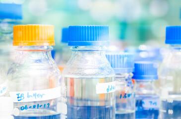 Rows of liquid chemicals in bottles at chemistry