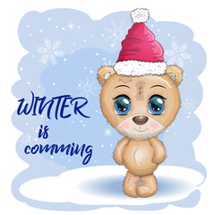 Cute cartoon bear with big eyes in a Christmas hat, the inscription Winter is coming, greeting card, New Year