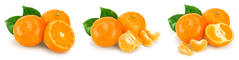 tangerine or mandarin fruit with leaves isolated on white background. Set or collection