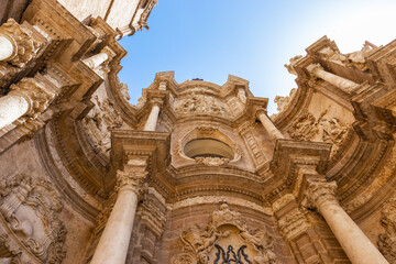 Gothic Valencia Cathedral building facade on a sunny day
