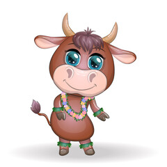 Cute bull character on white background. Cheerful ox dancing. 2021 Lunar Year animal symbol.
