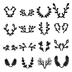 Tree Branches Hand drawn Symmetrically Vintage Design. Set of modern circular laurel. Leaves round frames. Foliate, wheat oak wreaths depicting an award, achievement, heraldry, nobility illustration