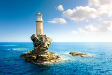 The beautiful Lighthouse Tourlitis of Chora in Andros island, Cyclades, Greece