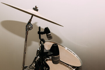 Rock Band, solo guitar, bass, drums, microphone on a black suitcase