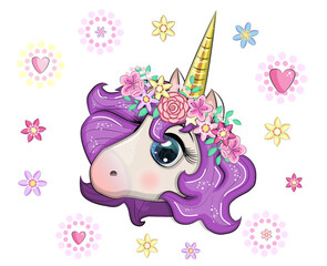 Cute unicorn muzzle with beautiful eyes and a developing mane on the background of flowers, children's, print