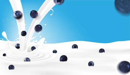 Pouring milk with blueberries background