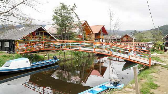 Laguna de la Cocha at El Encano with wooden briges and stilt houses near Pasto, Colombia.
