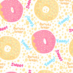Donuts seamless pattern on white background with orange spotted. Desserts vector background  in flat cartoons style. Colorful design for textile, wallpaper, fabric, decor. Template for design.