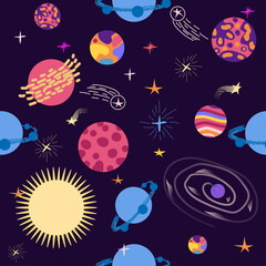 Seamless space pattern. Planets, rockets and stars. Cartoon spaceship icons. Kid's elements for scrap-booking.