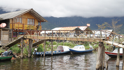 Laguna de la Cocha at El Encano with wooden briges and stilt houses near Pasto, Colombia.
