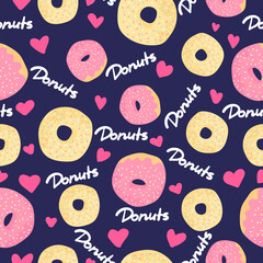 Donuts seamless pattern on dark blue background with pink hearts. Desserts vector background  in flat cartoons style. Colorful design for textile, wallpaper, fabric, decor. Template for design.