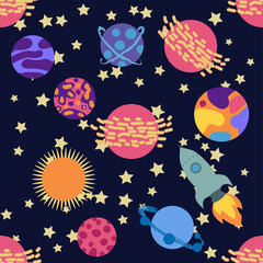 Seamless space pattern. Planets, rockets and stars. Cartoon spaceship icons. Kid's elements for scrap-booking.