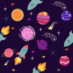 Seamless space pattern. Planets, rockets and stars. Cartoon spaceship icons. Kid's elements for scrap-booking.